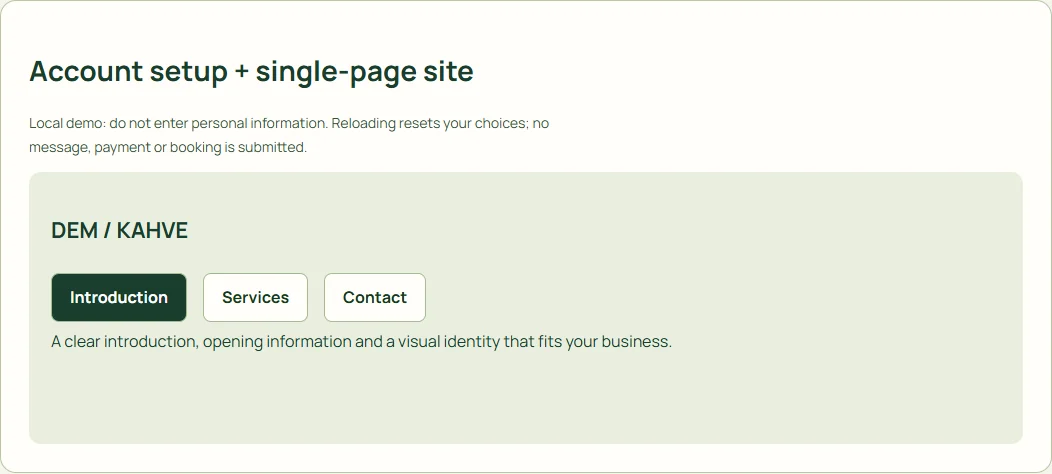 Account setup + single-page site