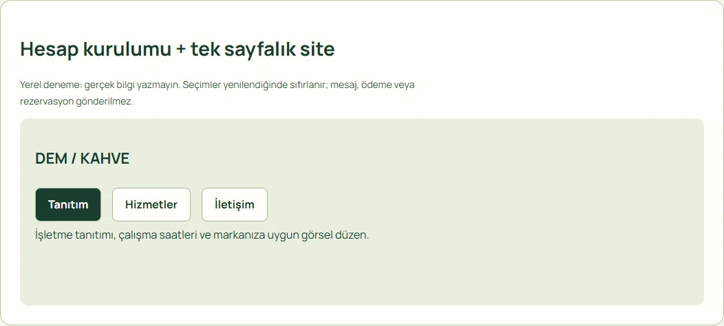 Hesap kurulumu + tek sayfalık site