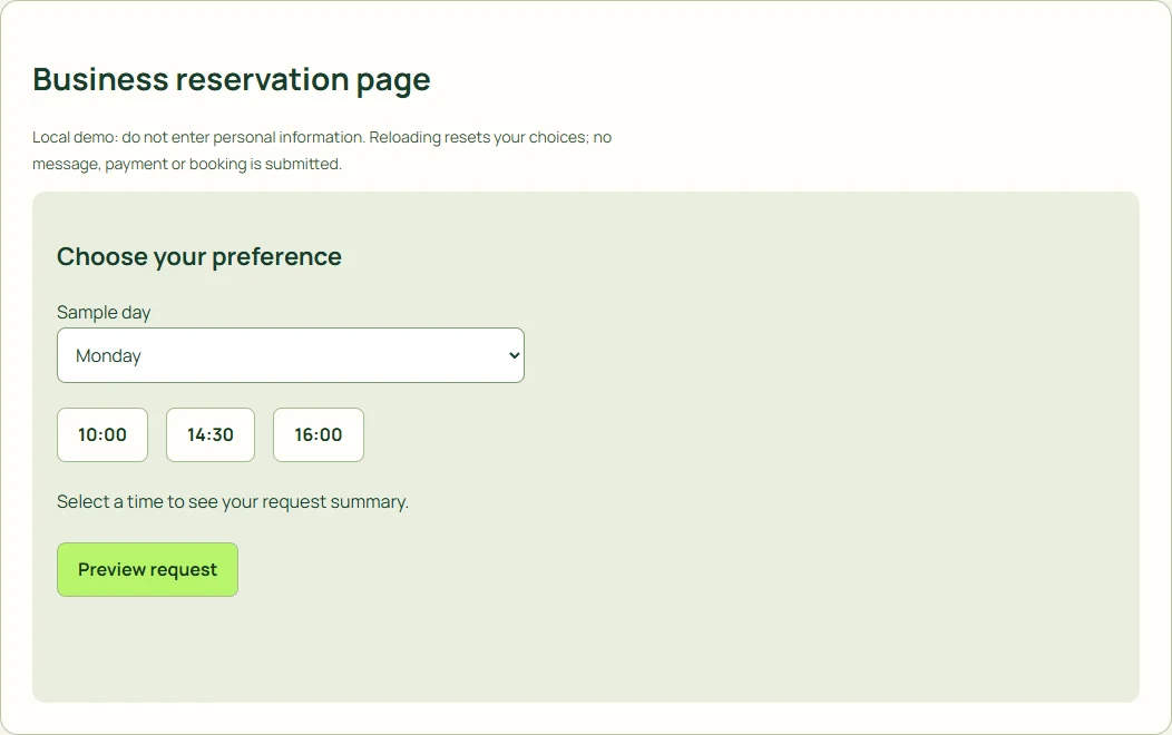 Business reservation page
