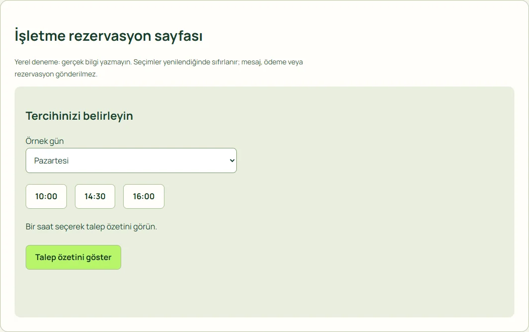 İşletme rezervasyon sayfası